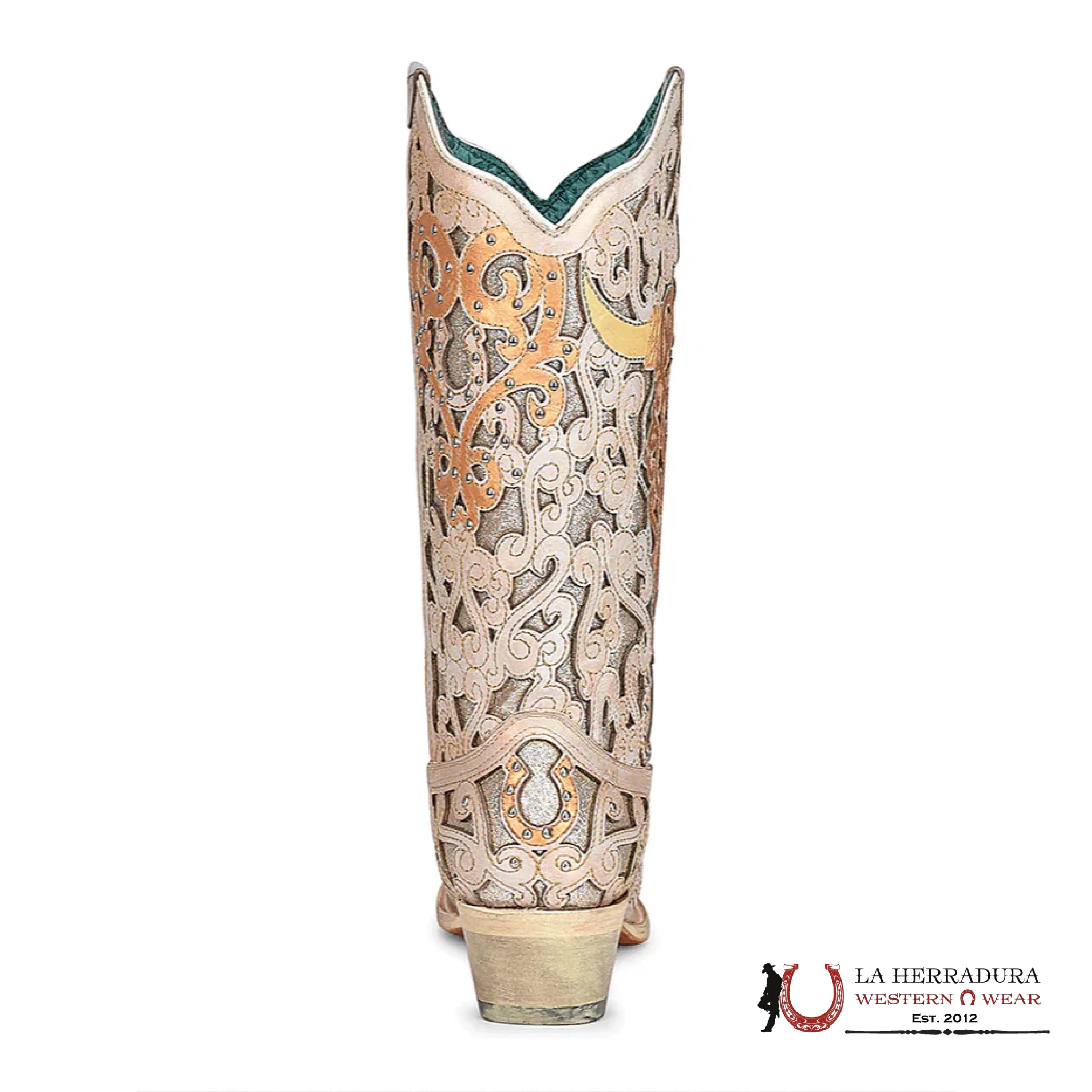 CORRAL LD WHITE GLITTER INLAY & BULL SKULL EMBROIDERY POINT TOE -A4408 BOTAS MUJERES