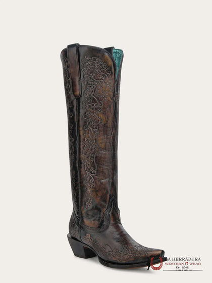BOTA ALTA CORRAL NEGRO/MIEL BORDADO FLORAL PUNTA AFILADA -A4789