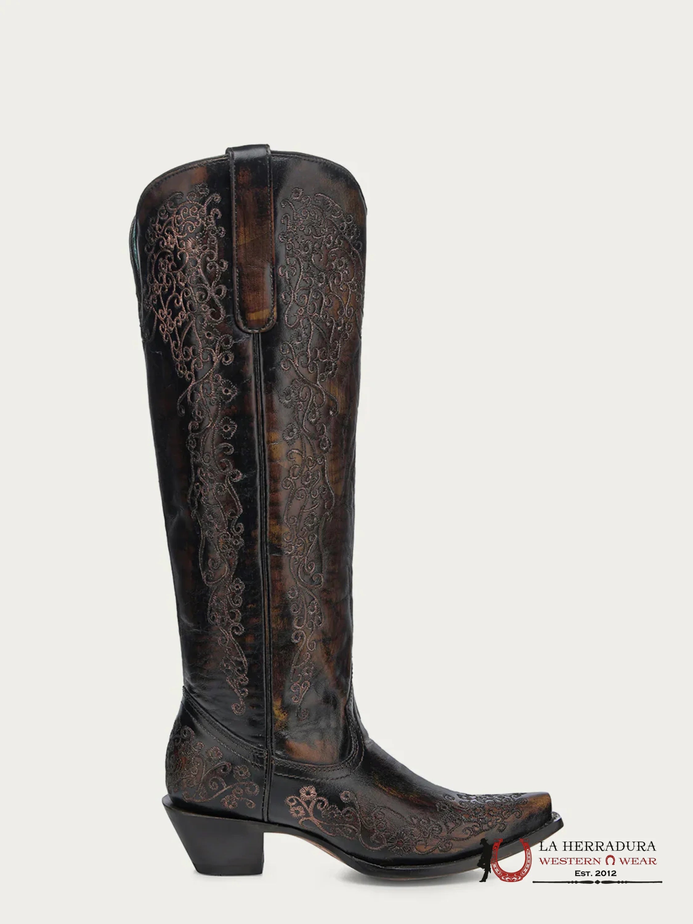 CORRAL TALL BOOT BLACK/HONEY FLORAL EMBROIDERY POINT TOE -A4789 BOTAS MUJERES