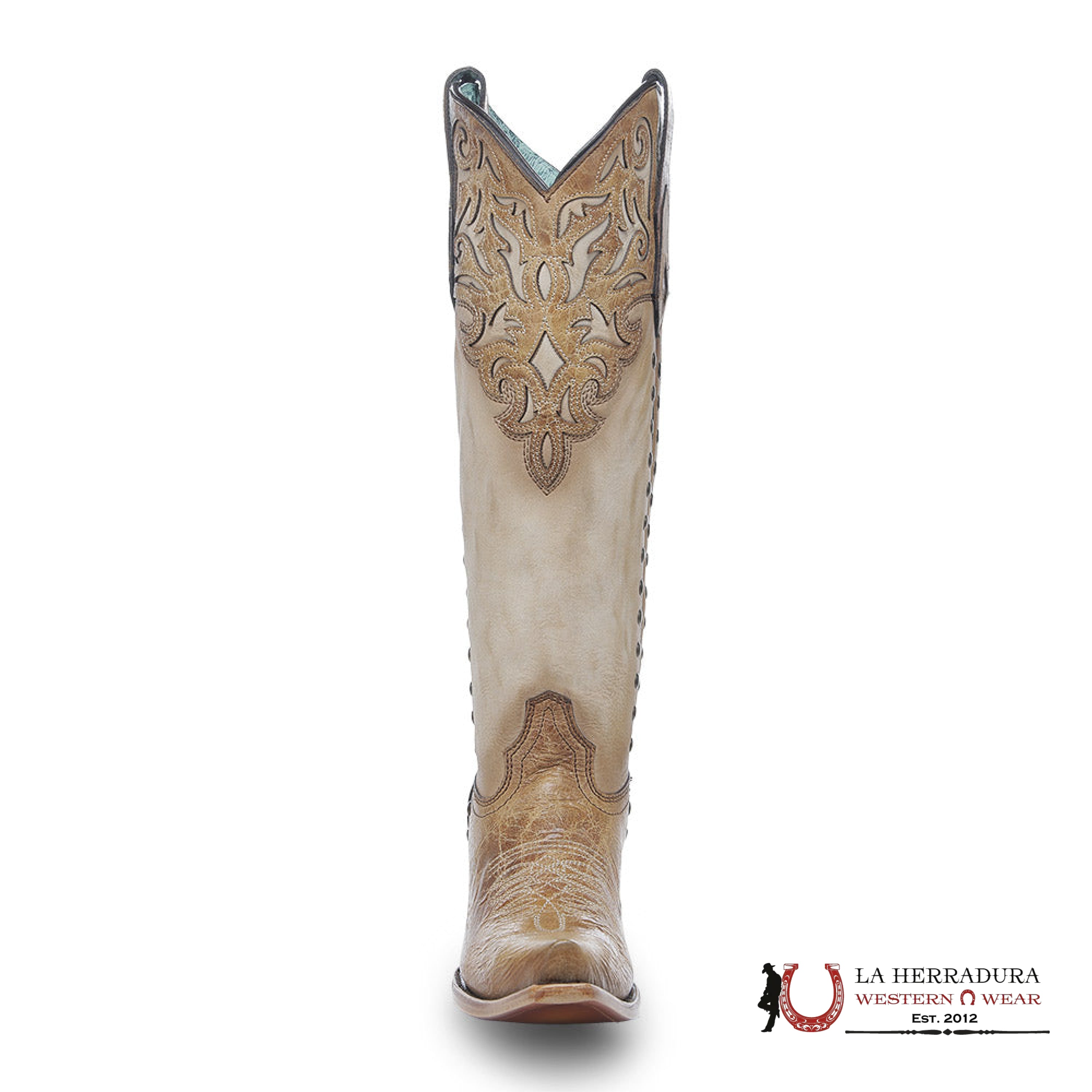 CORRAL TALL BOOT LD HONEY/BONE OVERLAY & EMBROIDERY &STUDS POINT TOE C4218 BOTAS MUJERES