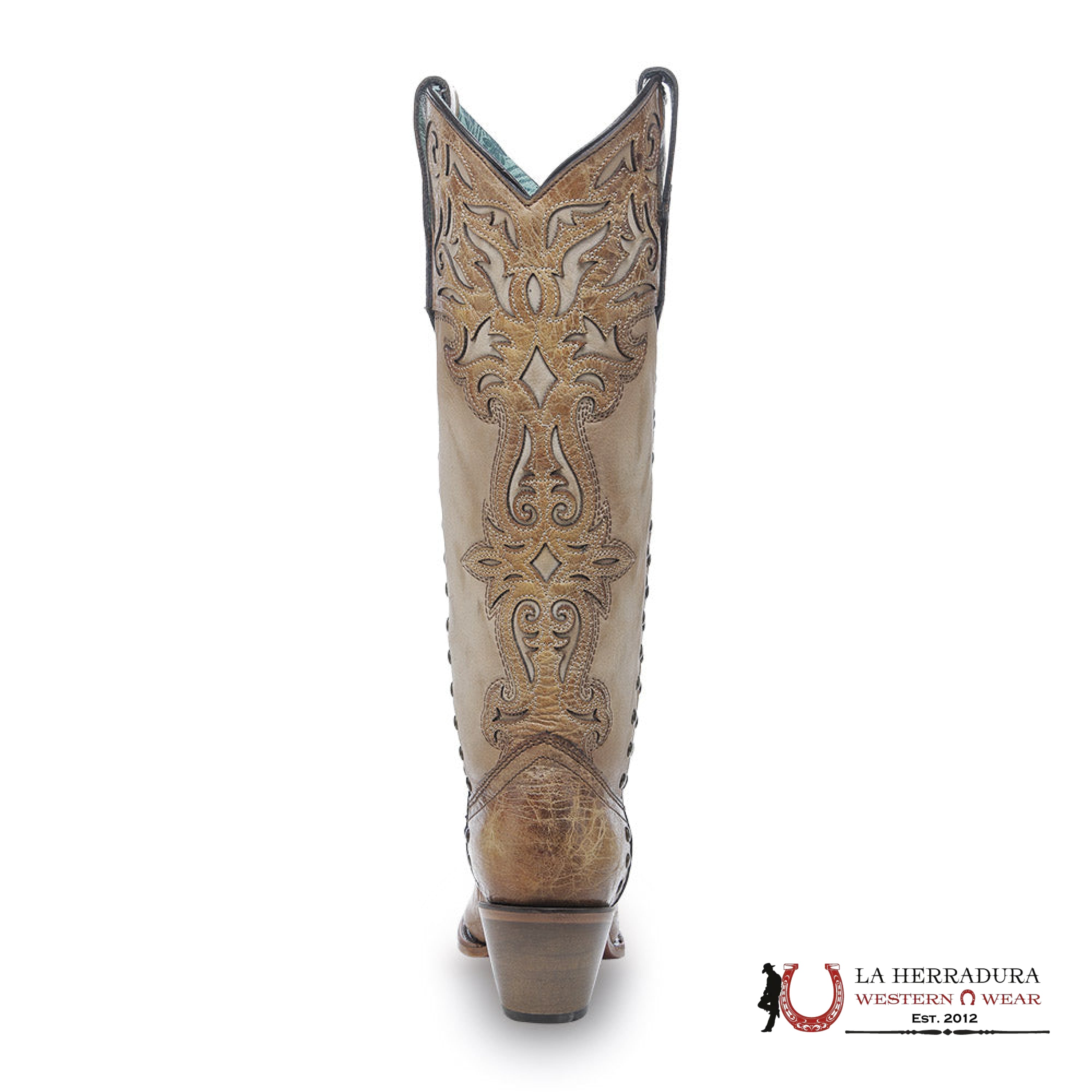 CORRAL TALL BOOT LD HONEY/BONE OVERLAY & EMBROIDERY &STUDS POINT TOE C4218 BOTAS MUJERES