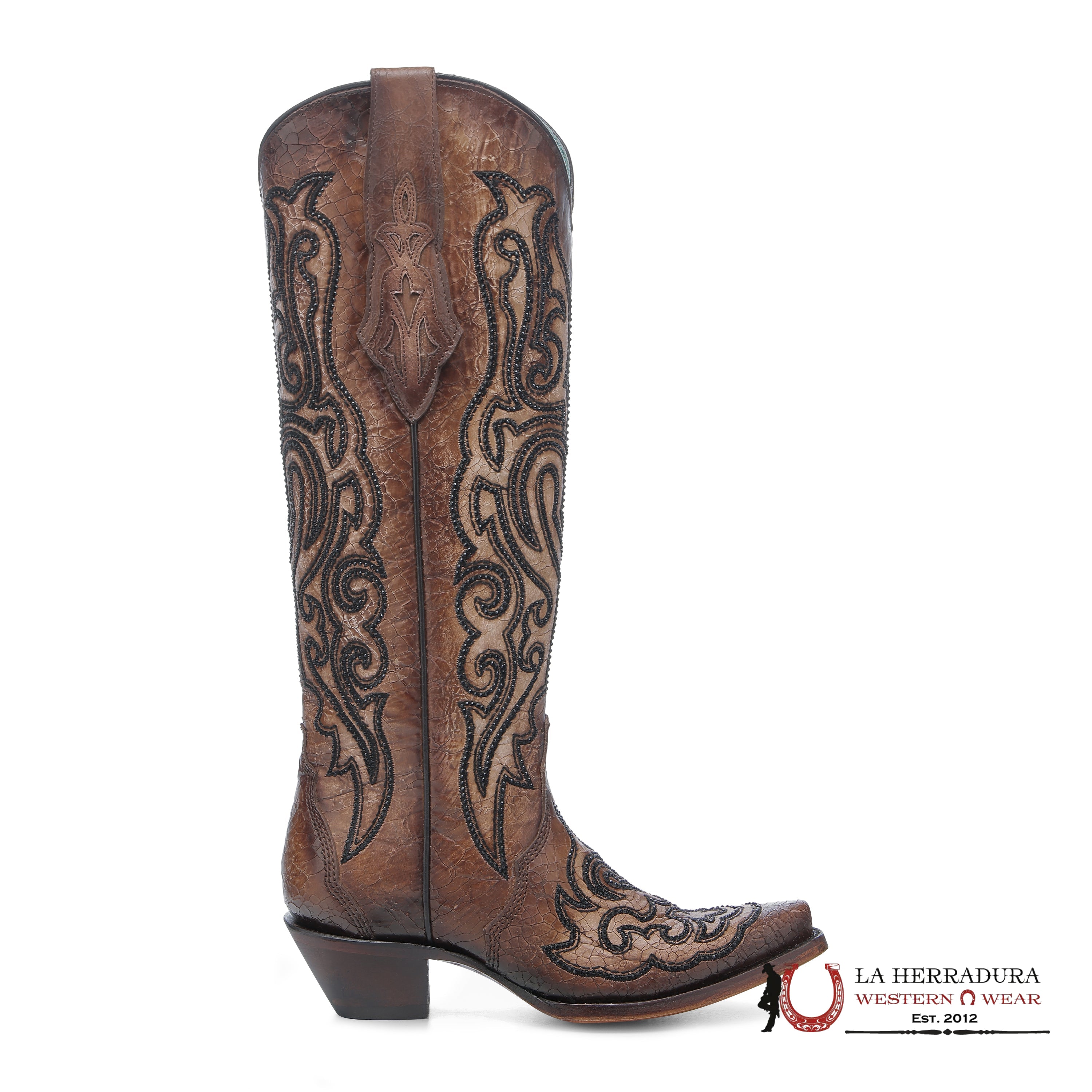 CORRAL TALL BOOT LD TOBACO CRACKLED & EMBROIDERY & CRYSTALS POINT TOE A4773 BOTAS MUJERES