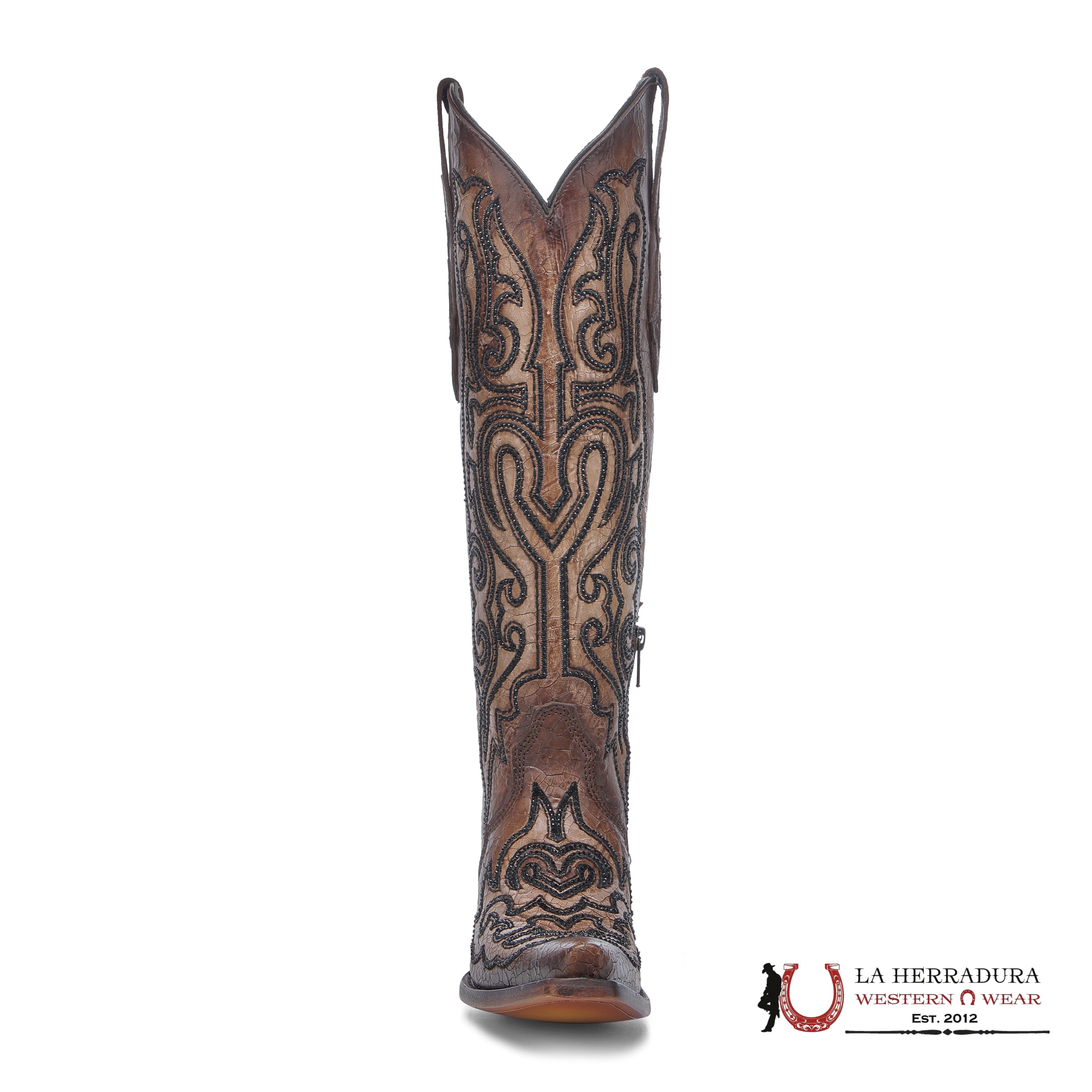CORRAL TALL BOOT LD TOBACO CRACKLED & EMBROIDERY & CRYSTALS POINT TOE A4773 BOTAS MUJERES