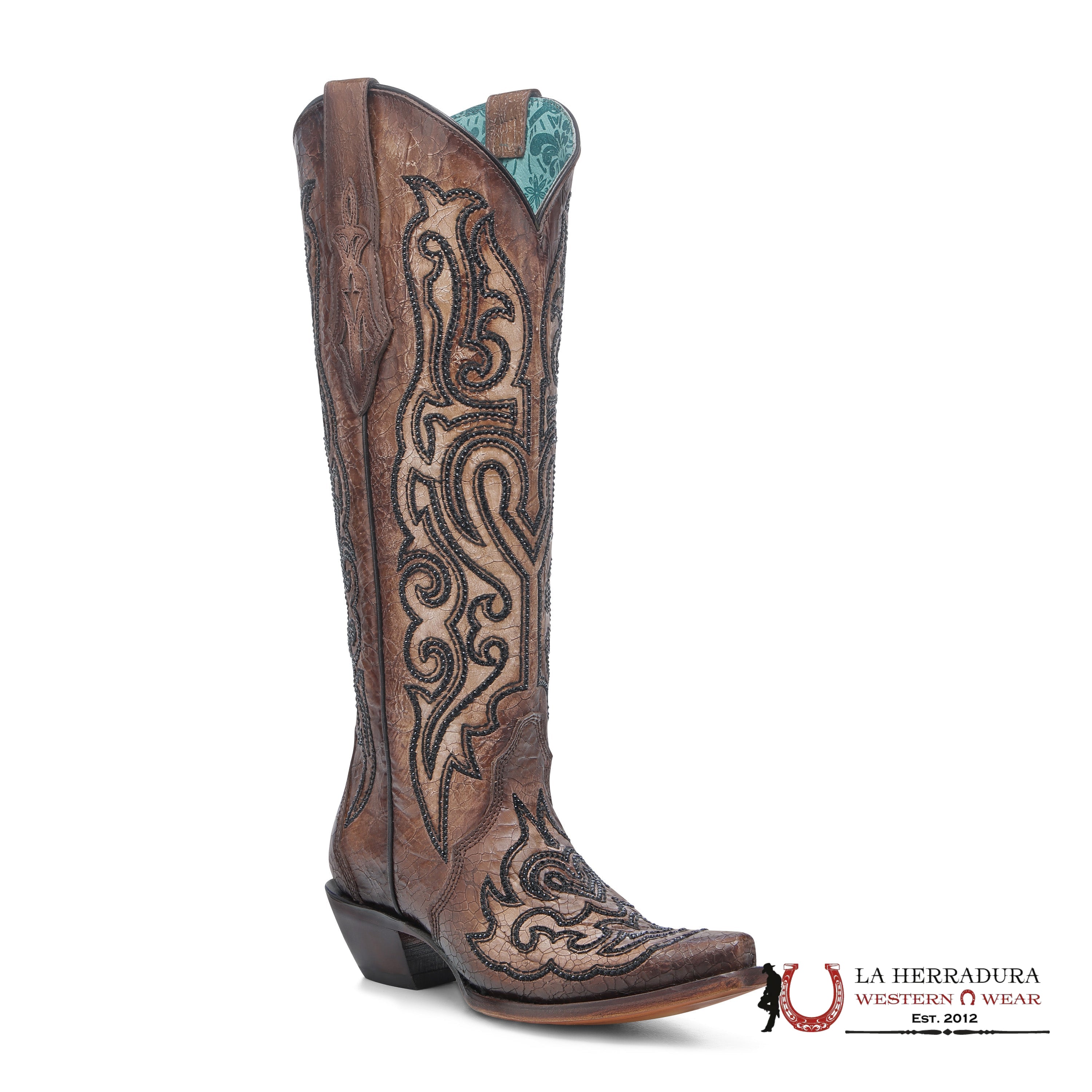 CORRAL TALL BOOT LD TOBACO CRACKLED & EMBROIDERY & CRYSTALS POINT TOE A4773 BOTAS MUJERES