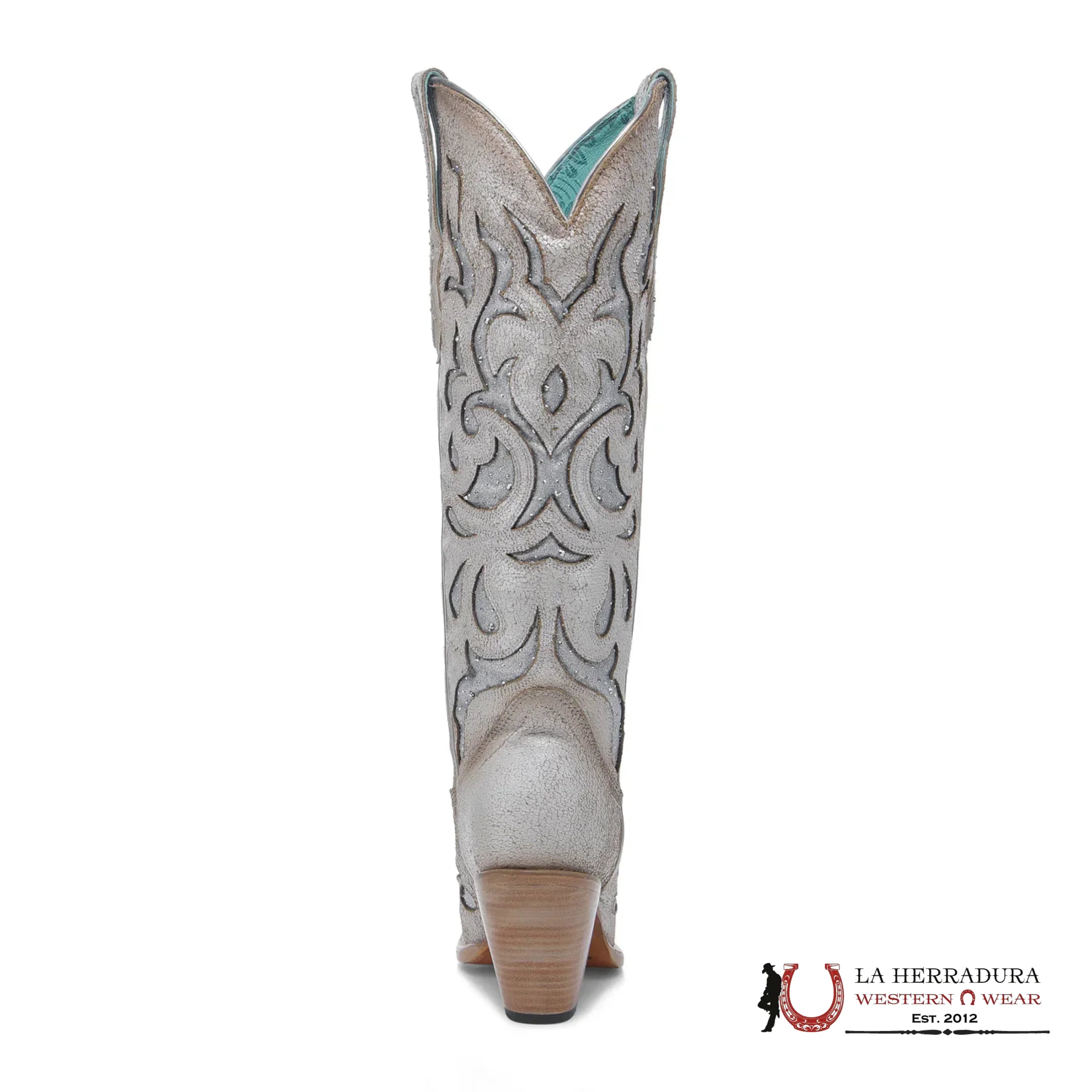 CORRAL TALL BOOT WHITE EMBROIDERY GLITTER & CRYSTAL INLAY POINT TOE -Z5352 BOTAS MUJERES