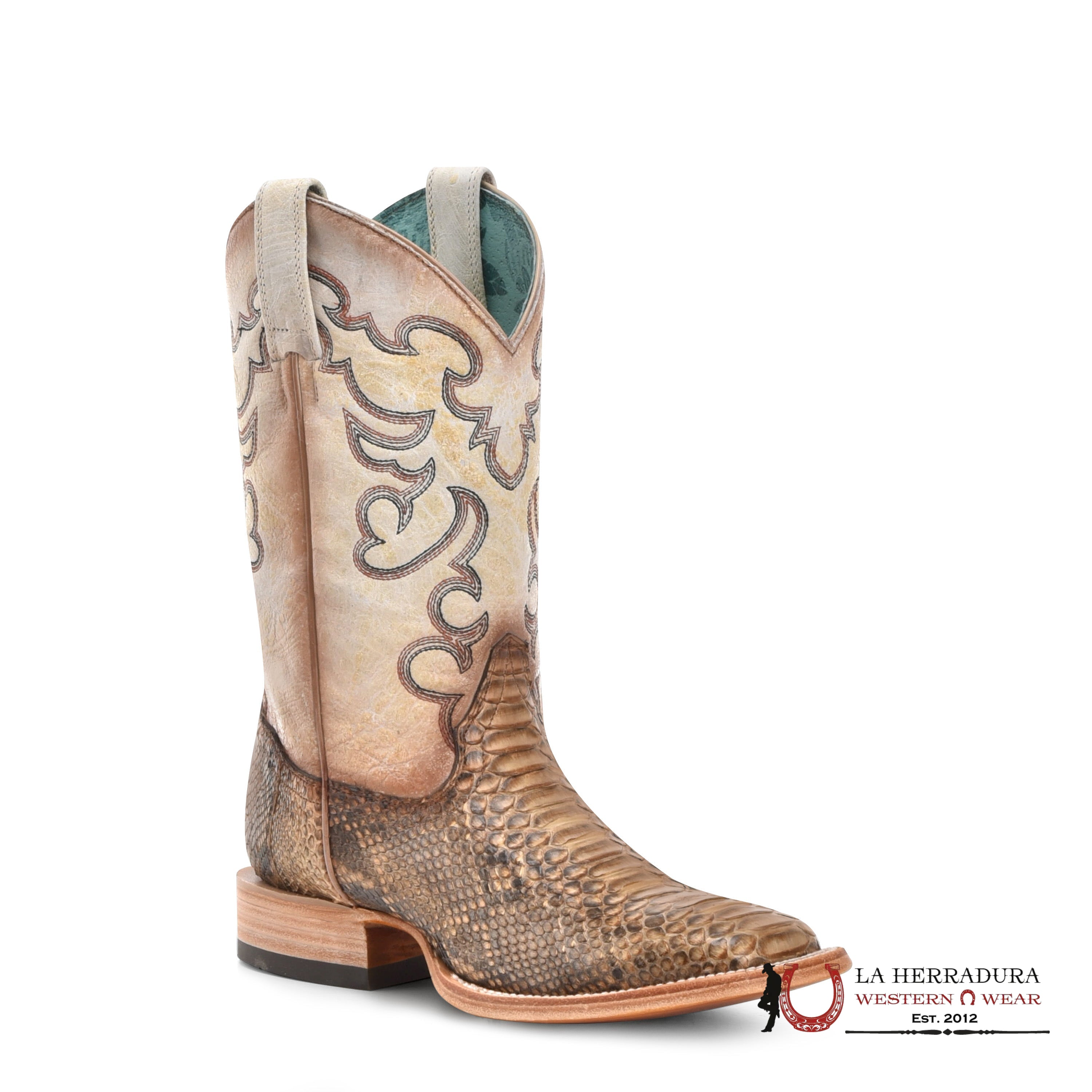 CORRAL TAUPE BEIGE PYTHON EMBROIDERY WIDE SQ. TOE B5007 BOTAS MUJERES