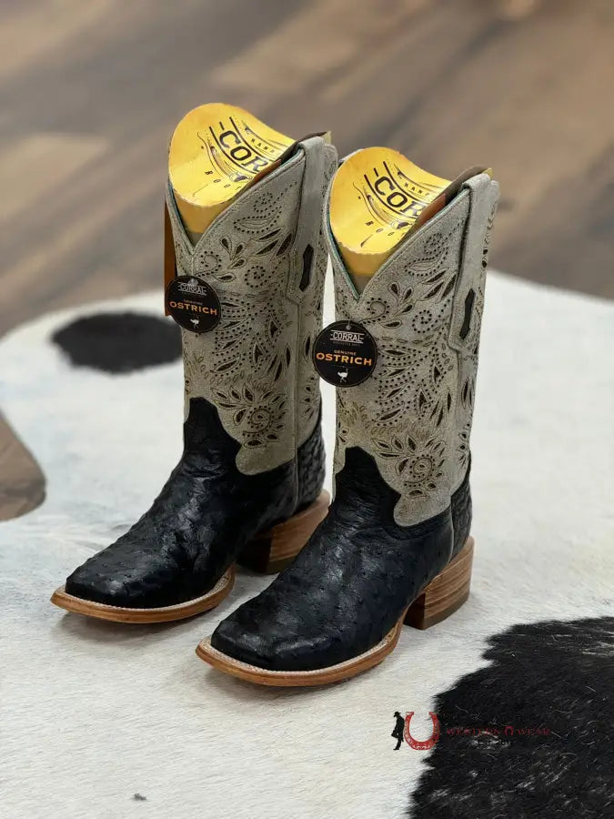 Corral Women Black Bone Ostrich Embroidery & Glitter Boot Botas Mujeres