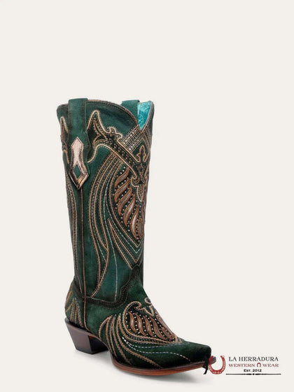 BOTA CORRAL PARA MUJER, VERDE CON SUPERPOSICIONES BORDADAS Y TACHUELAS A4714