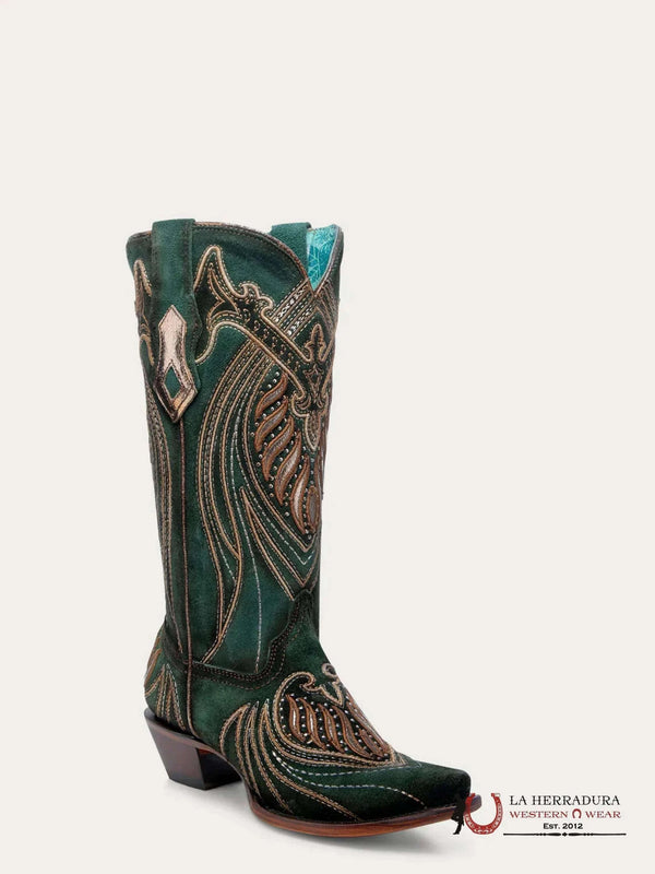 CORRAL WOMEN BOOT GREEN OVERLAY EMBROIDERY AND STUDS A4714