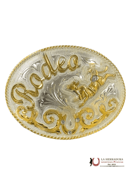 VAQUERO CABALGANDO RODEO HEBILLA REDONDA DORADA