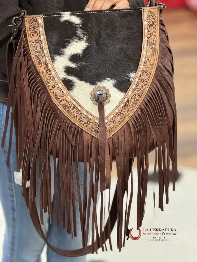 Crossbody Bag Dark Brown Hand Tooled Black & White Cowhide Fringe