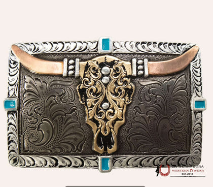HEBILLA RECTANGULAR FLORAL BICOLOR CON CALAVERA DE BUEY LONGHORN CRUMRINE
