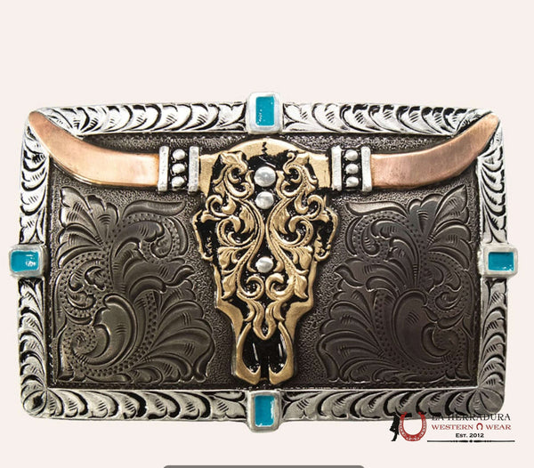 HEBILLA RECTANGULAR FLORAL BICOLOR CON CALAVERA DE BUEY LONGHORN CRUMRINE
