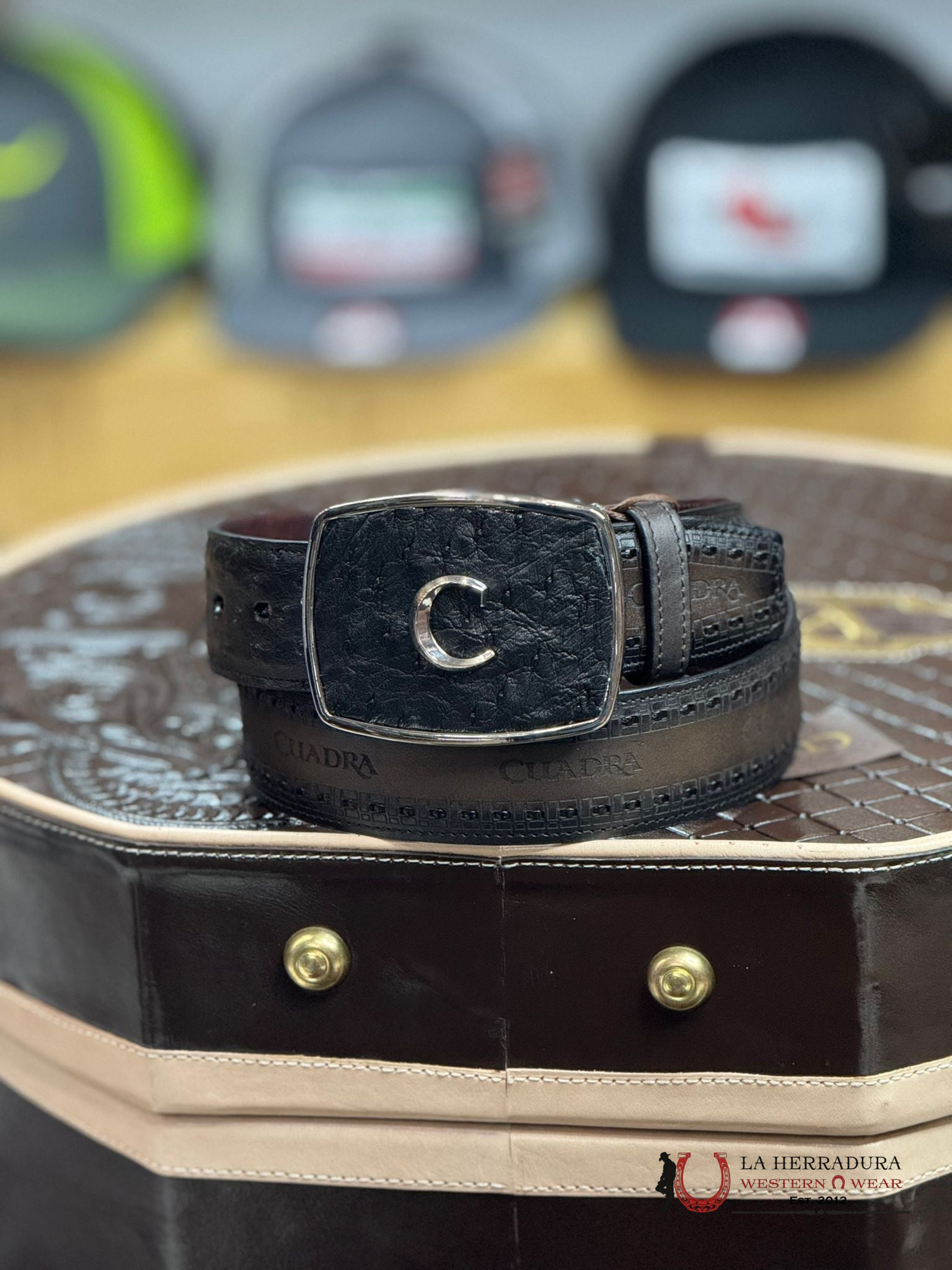 Cuadra Black Ostrich Laser & Woven Belt Cinturones Hombres