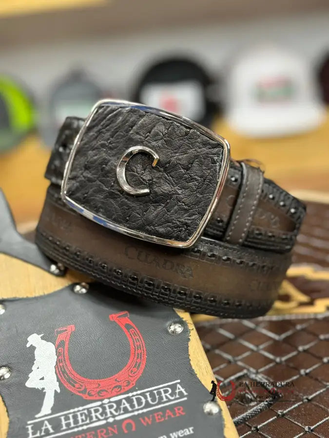 Cuadra Black Ostrich Laser & Woven Belt Cinturones Hombres