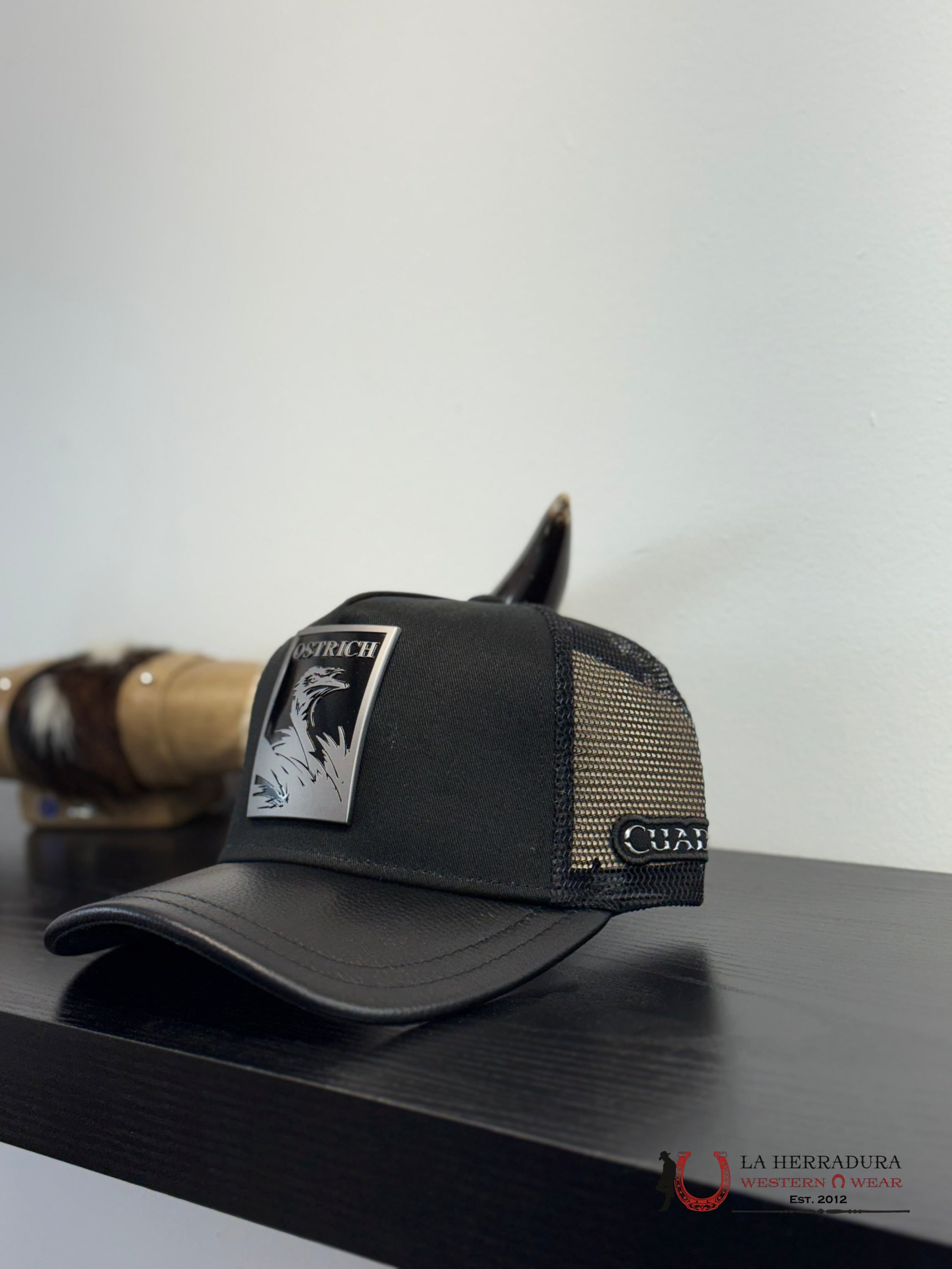 CUADRA BLACK OSTRICH METAL PATCH LEATHER CAP - CC116 CAPS MENS GORRAS HOMBRES