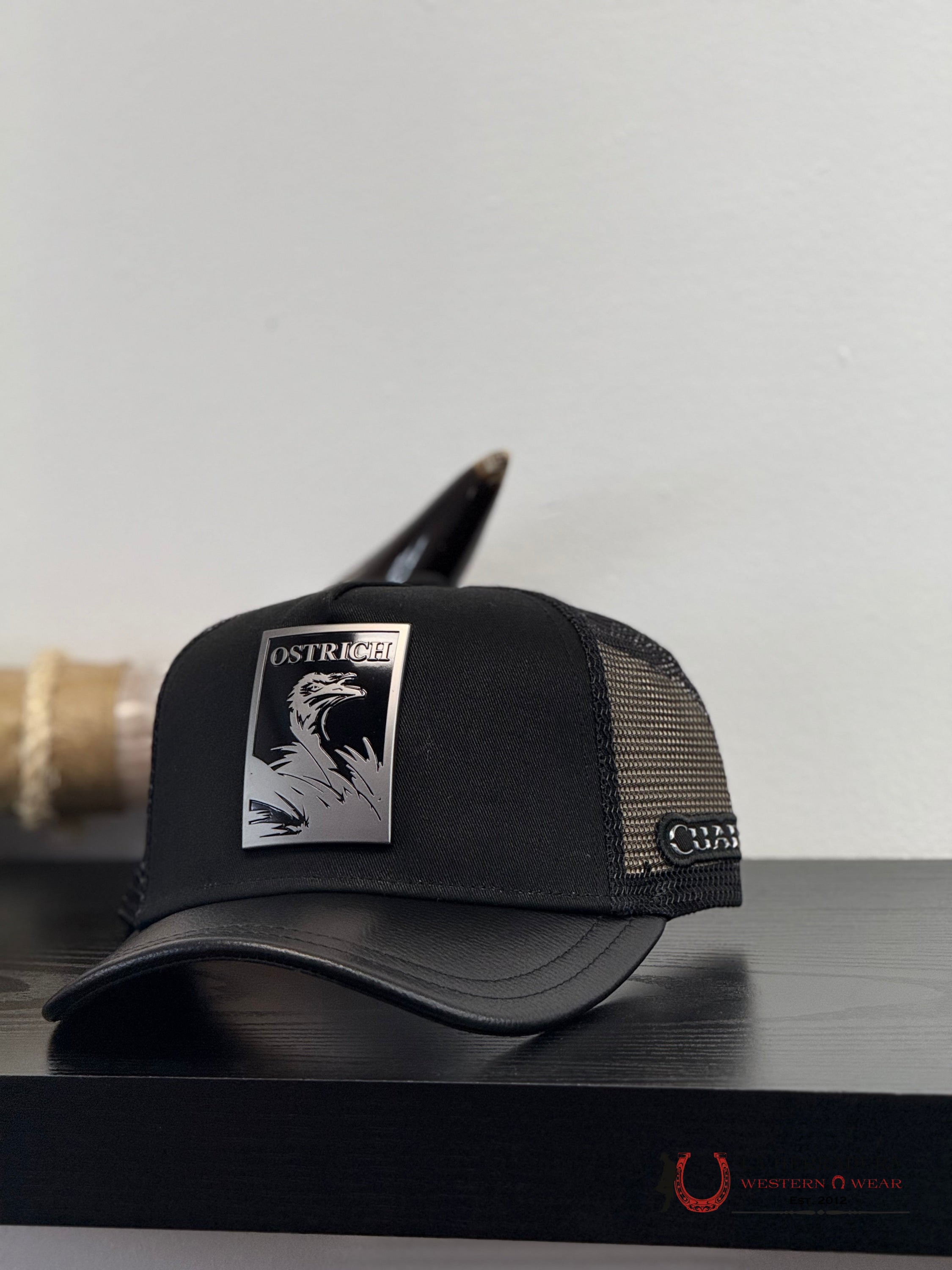 CUADRA BLACK OSTRICH METAL PATCH LEATHER CAP - CC116 CAPS MENS GORRAS HOMBRES