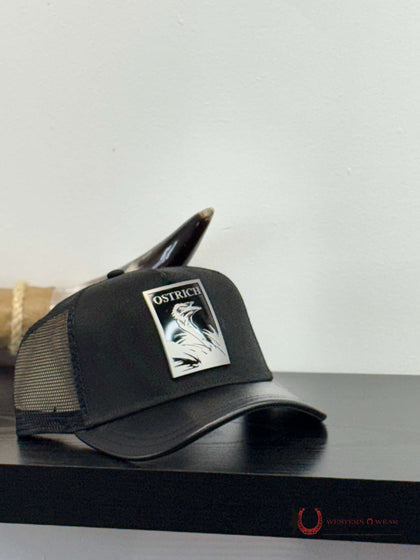 CUADRA BLACK OSTRICH METAL PATCH LEATHER CAP - CC116