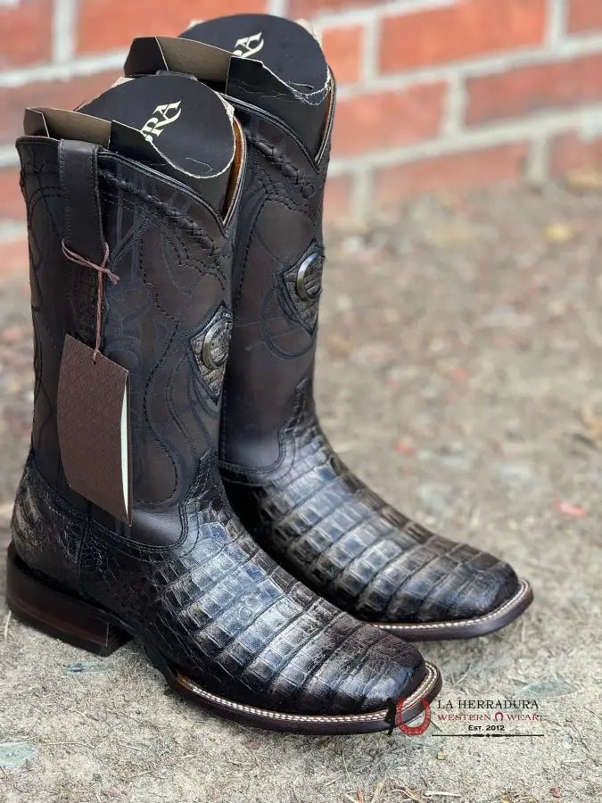 Cuadra Boot Caiman Fuscus Lomo Belly Atlantis Black Sand Embroidery & Laser Square Toe Botas Hombres