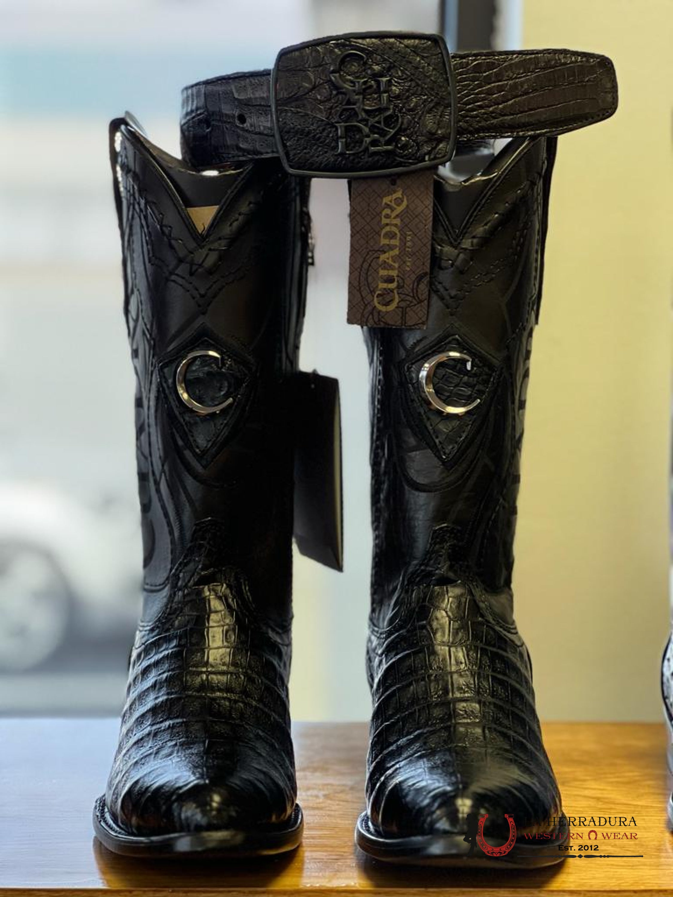 Cuadra Boot Fuscus Belly Caimán Negro Black Laser Round Toe Botas Hombres