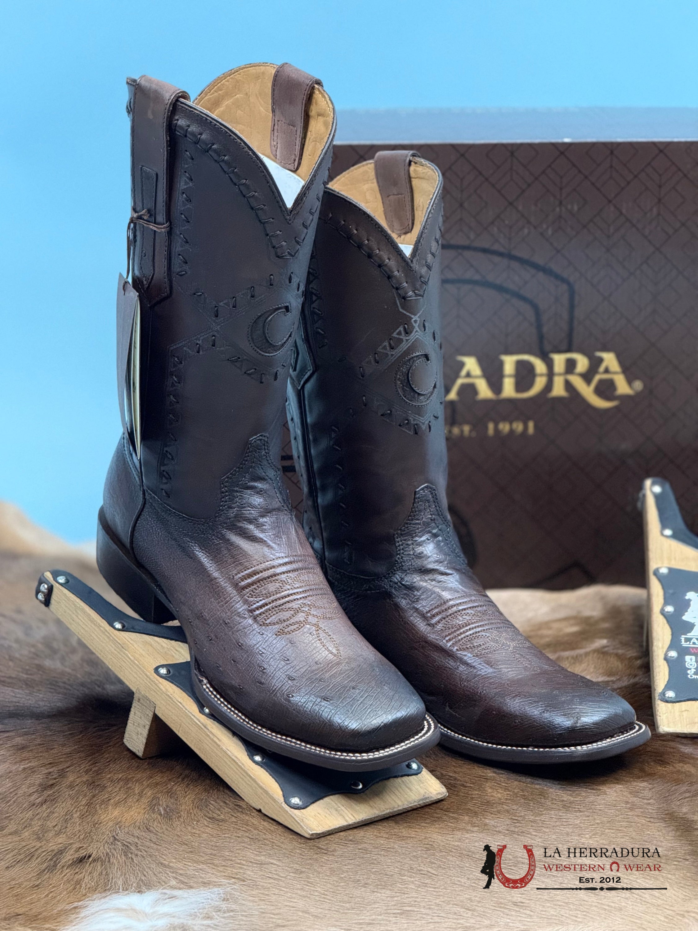 Cuadra Boot De Avestruz Flame Choco Square Toe Botas Hombres