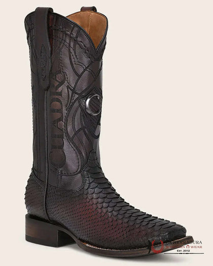 BOTA CUADRA CU746 PITÓN LISBOA CEREZA/GUINDA BORDADO & LÁSER & PUNTA CUADRADA TEJIDA