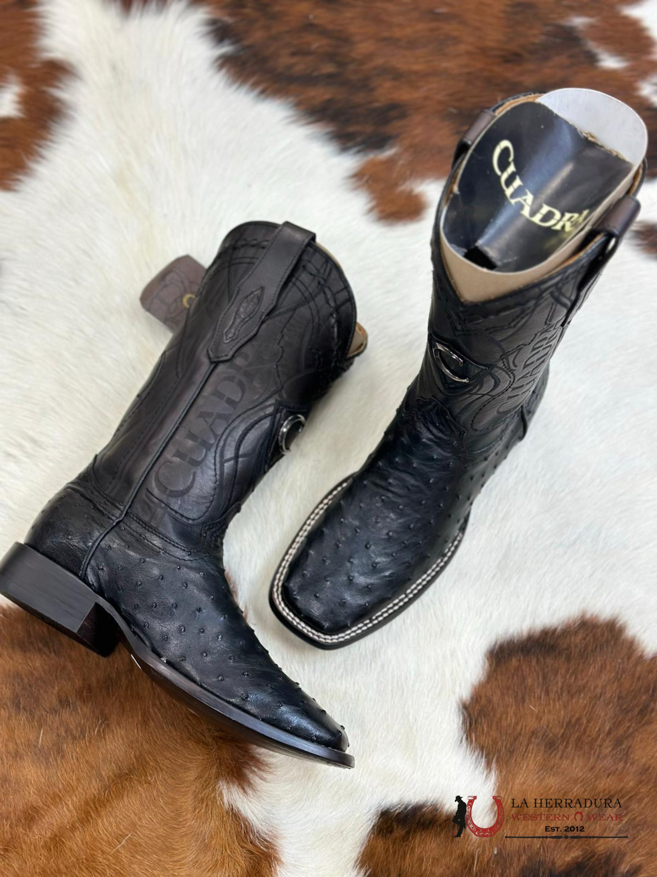 Cuadra Boots Ostrich Black Laser & Woven Square Toe Botas Hombres