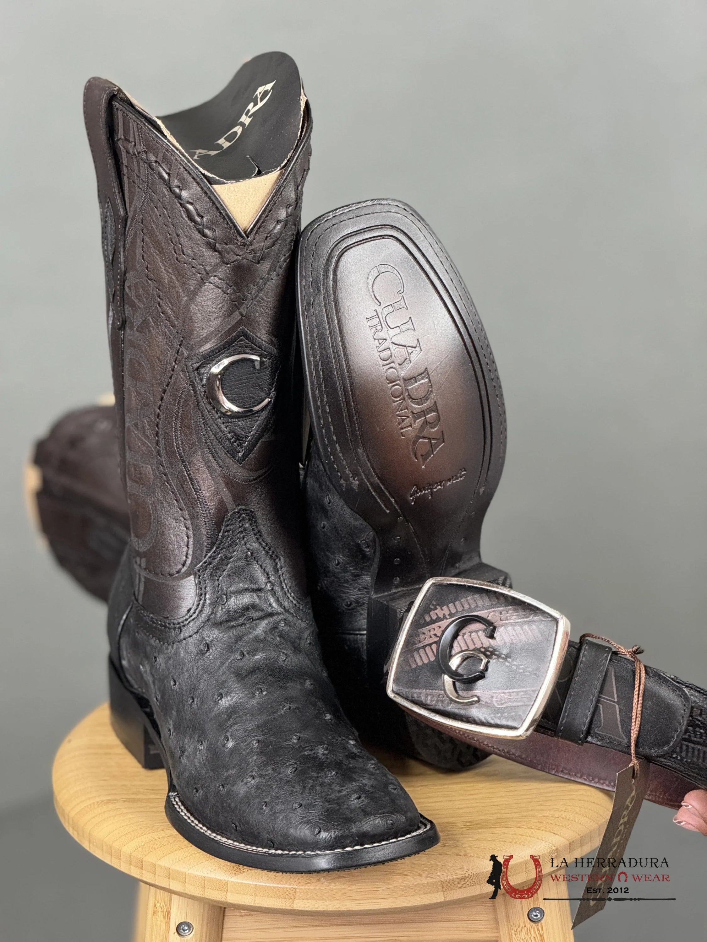 Cuadra Boots Ostrich Black Laser & Woven Square Toe Botas Hombres