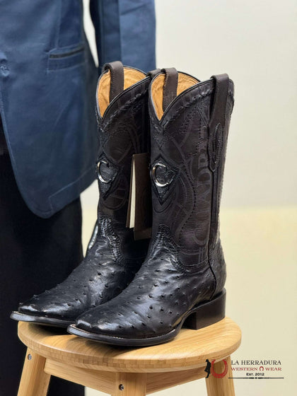 CUADRA BOTAS DE AVESTRUZ NEGRAS CON LÁSER PUNTA CUADRADA CU662