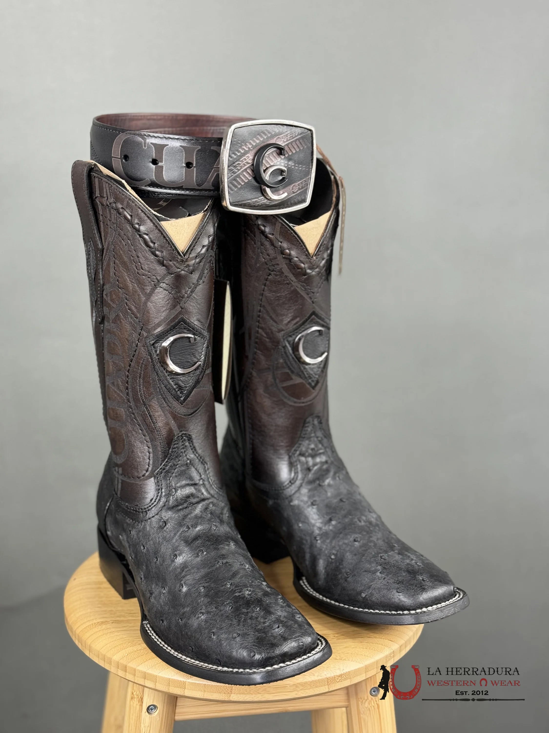 Cuadra Boots Ostrich Black Laser & Woven Square Toe Botas Hombres