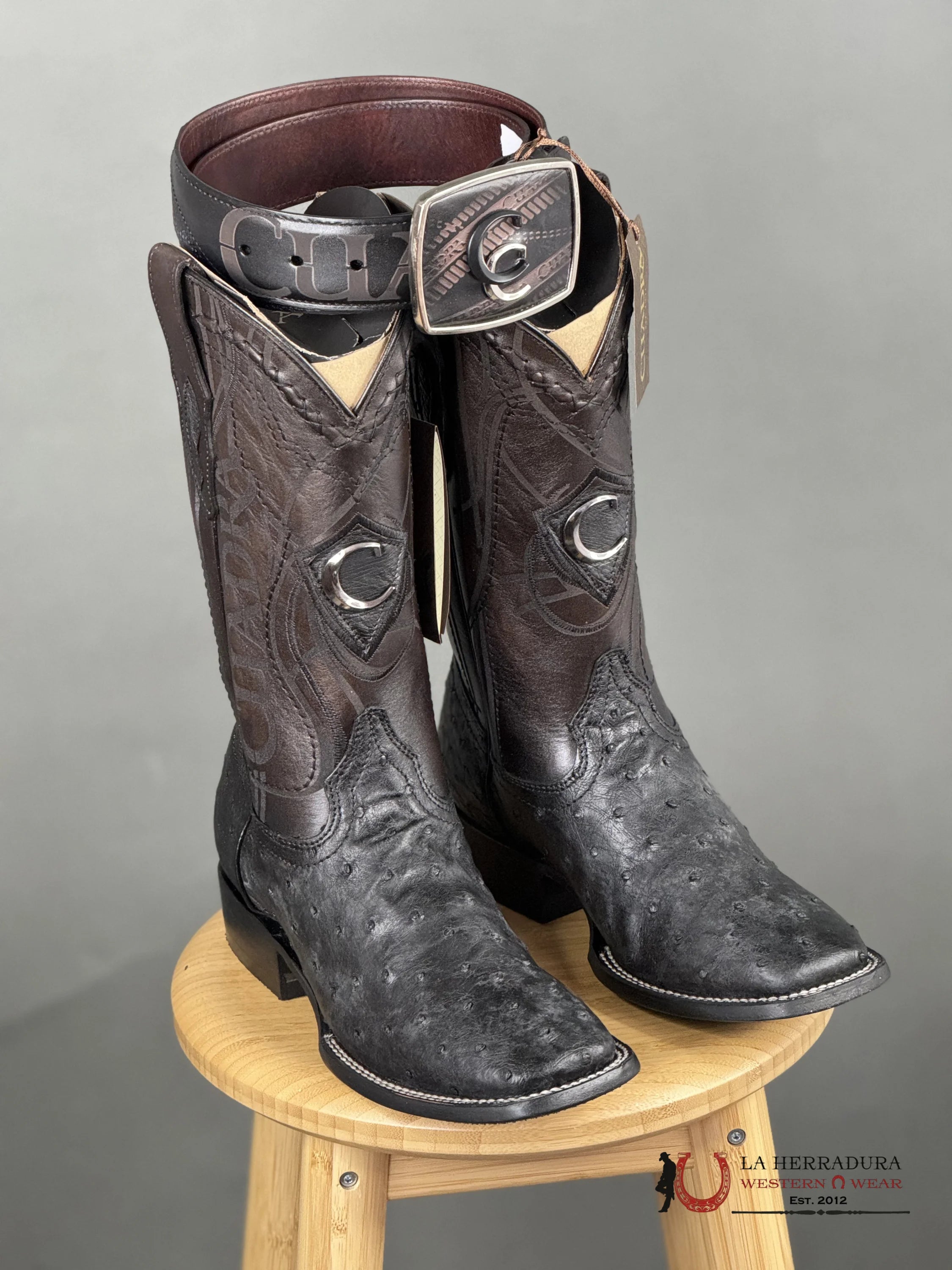 Cuadra Boots Ostrich Black Laser & Woven Square Toe Botas Hombres