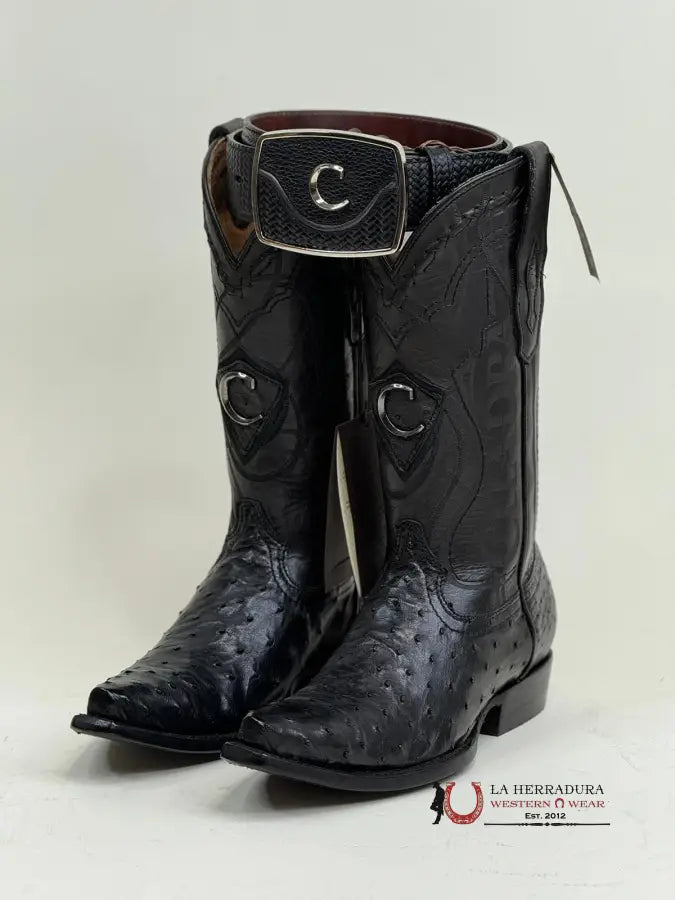 Cuadra Boots Ostrich Black Laser & Woven Snip Toe Botas Hombres