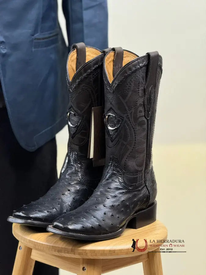 Cuadra Boots Ostrich Black Laser & Woven Square Toe Botas Hombres