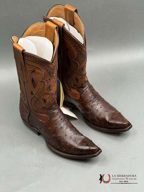BOTAS CUADRA AVESTRUZ EVEREST CHOCOLATE PUNTA RECTA LÁSER Y TEJIDA