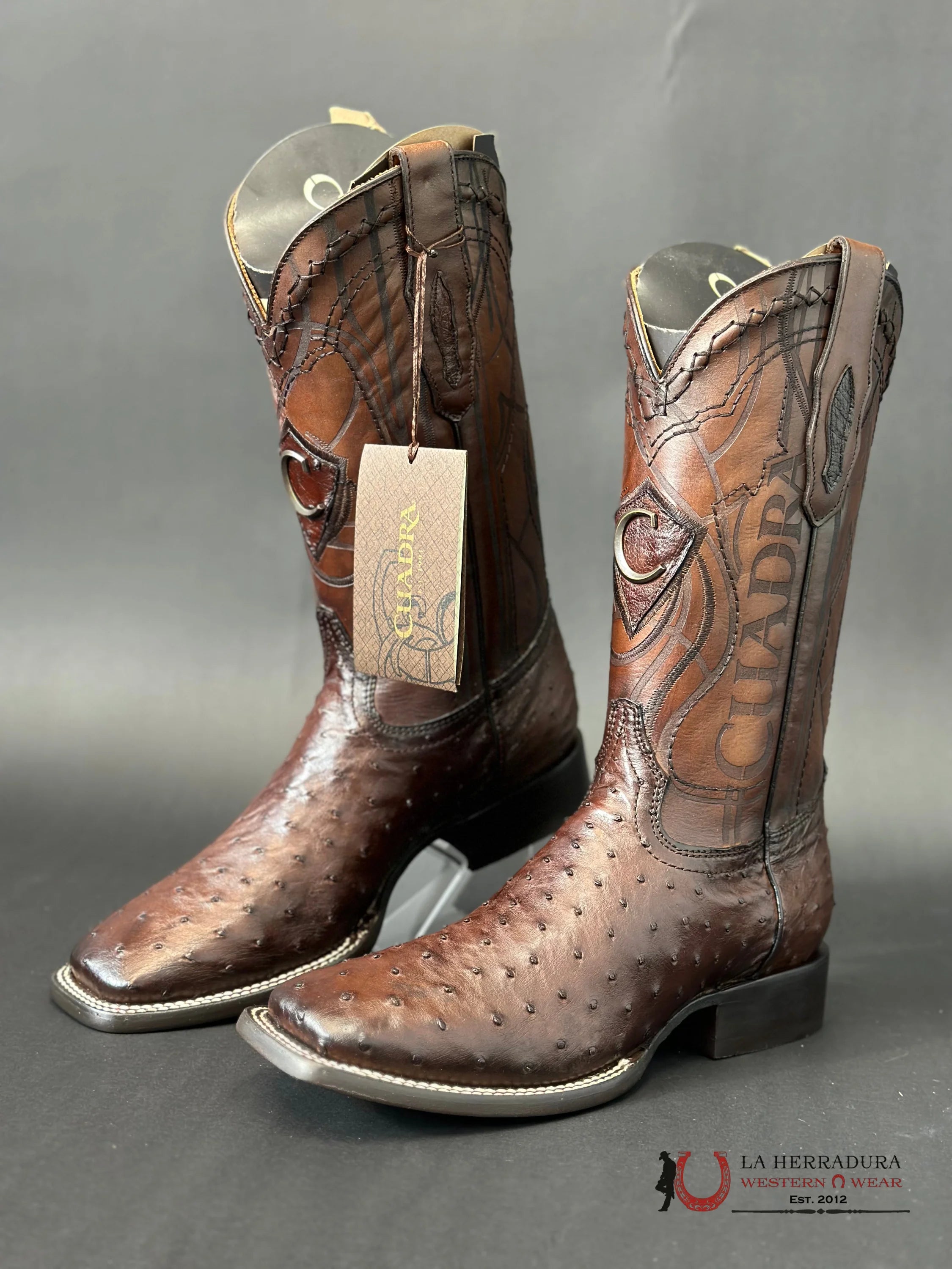 Cuadra Boots Ostrich Flame Cafe Laser Embroidery Square Toe