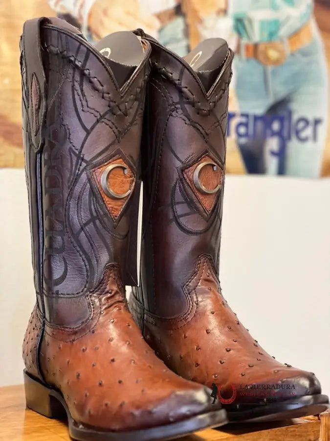 Cuadra Boots Ostrich Flame Cafe Laser & Woven Round Toe Botas Hombres