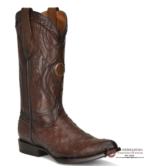 CUADRA BOOTS AVESTRUZ FLAME CAFÉ LÁSER Y PUNTA REDONDA TEJIDA CU681