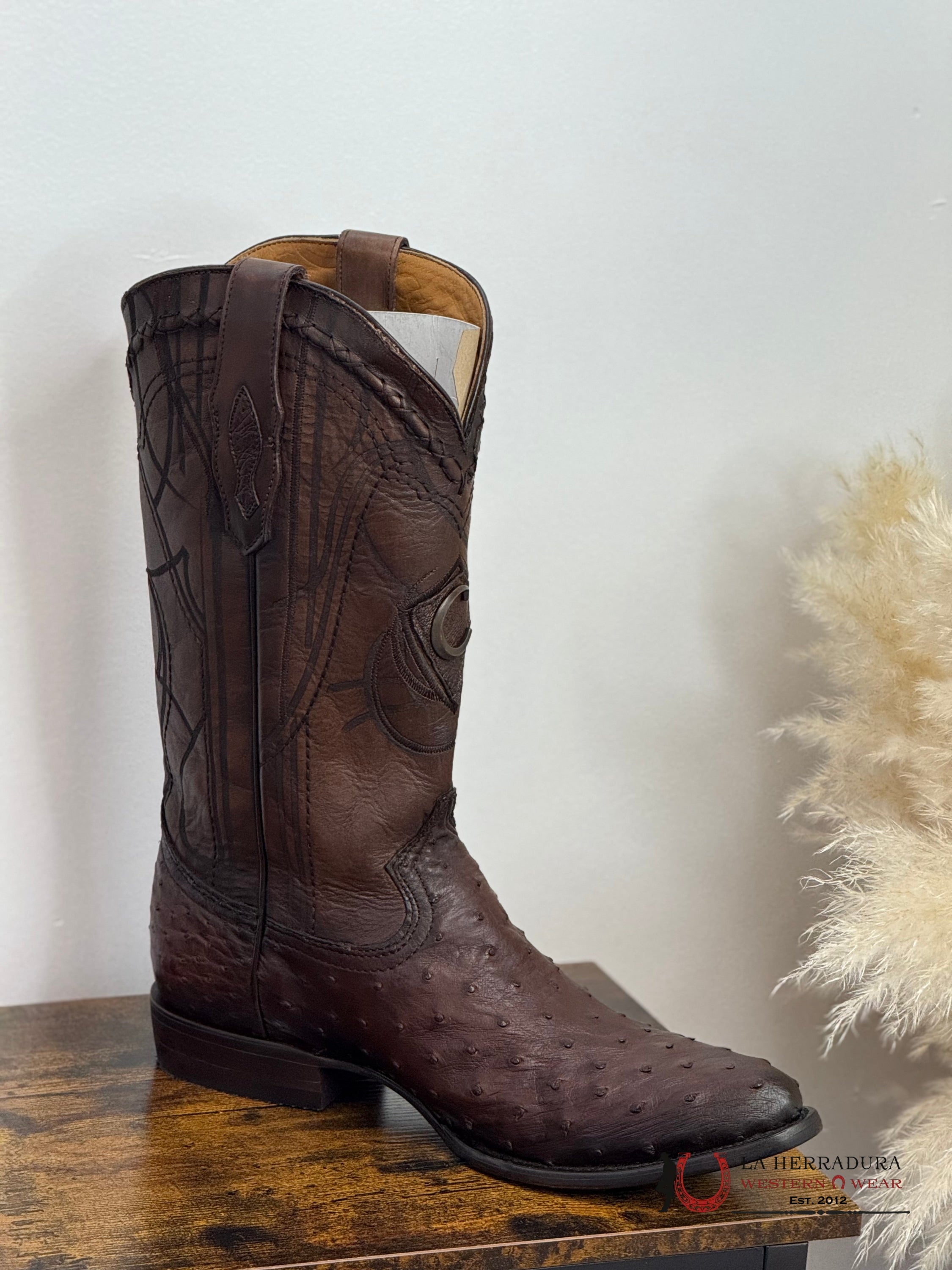 CUADRA BOOTS OSTRICH FLAME CAFE LASER & WOVEN ROUND TOE 2C10A1 BOTAS HOMBRES