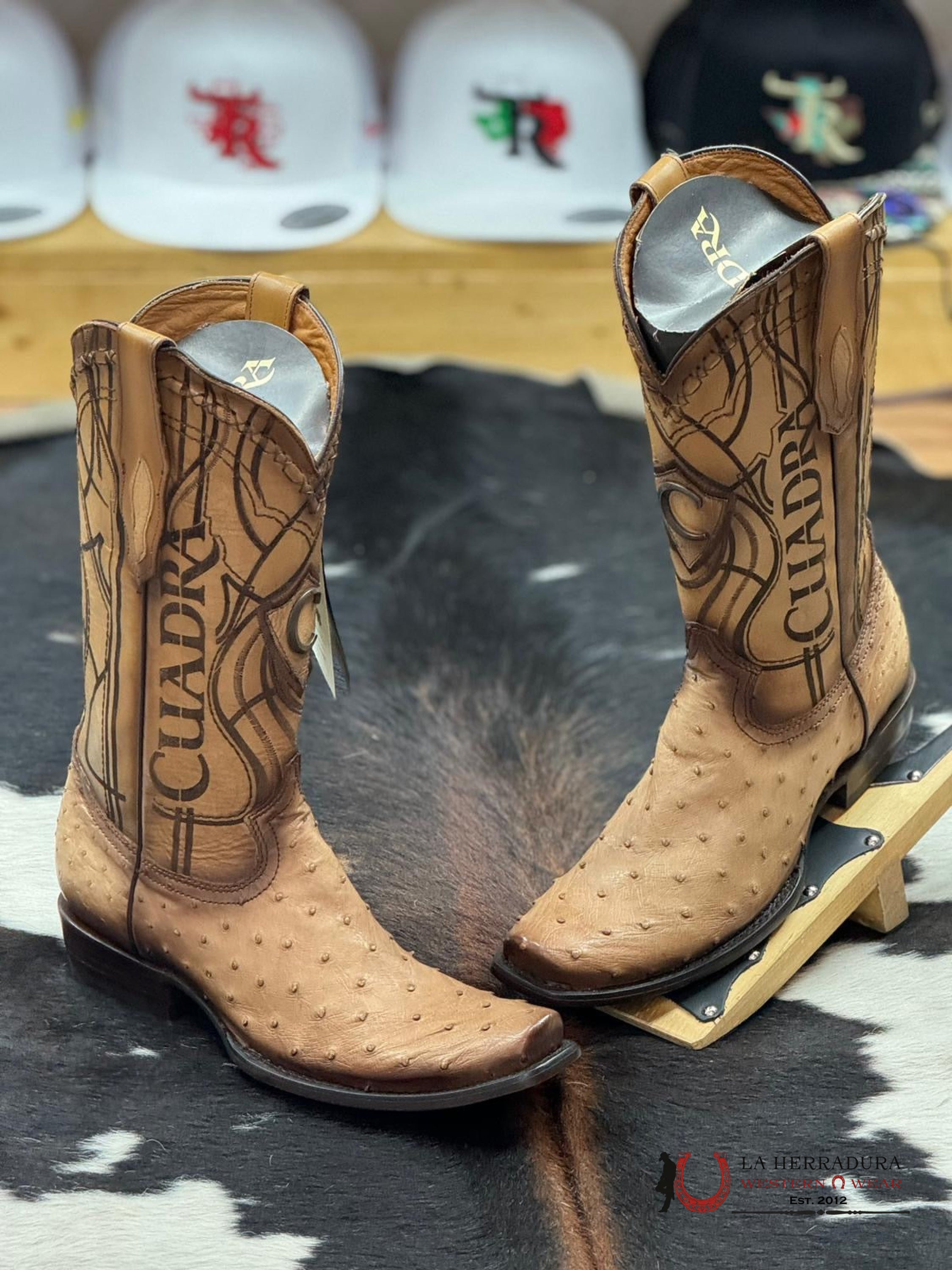 Cuadra Boots Ostrich Flame Orix Laser & Woven Narrow Square Toe Botas Hombres