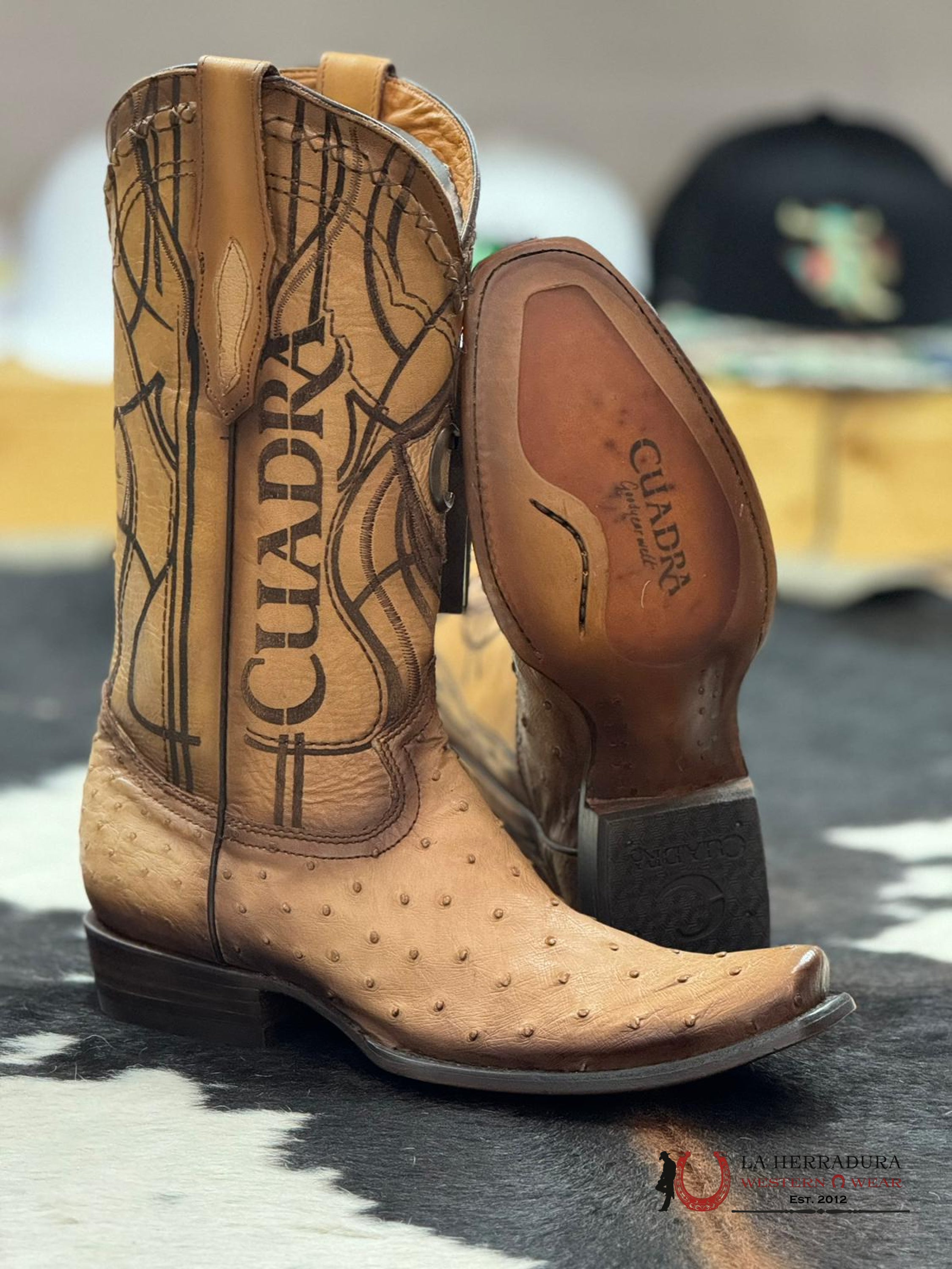 Cuadra Boots Ostrich Flame Orix Laser & Woven Narrow Square Toe Botas Hombres