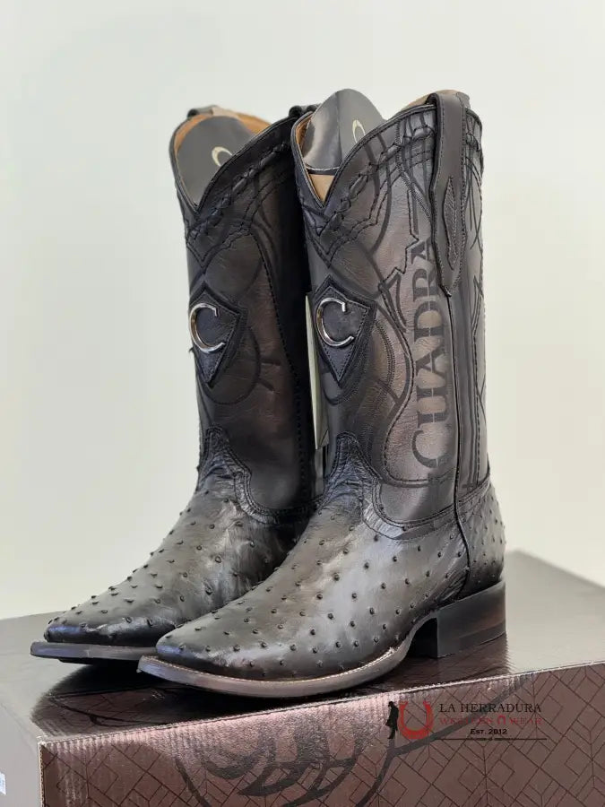 Cuadra Boots Ostrich Grey Laser & Embroidery Square Toe Botas Hombres