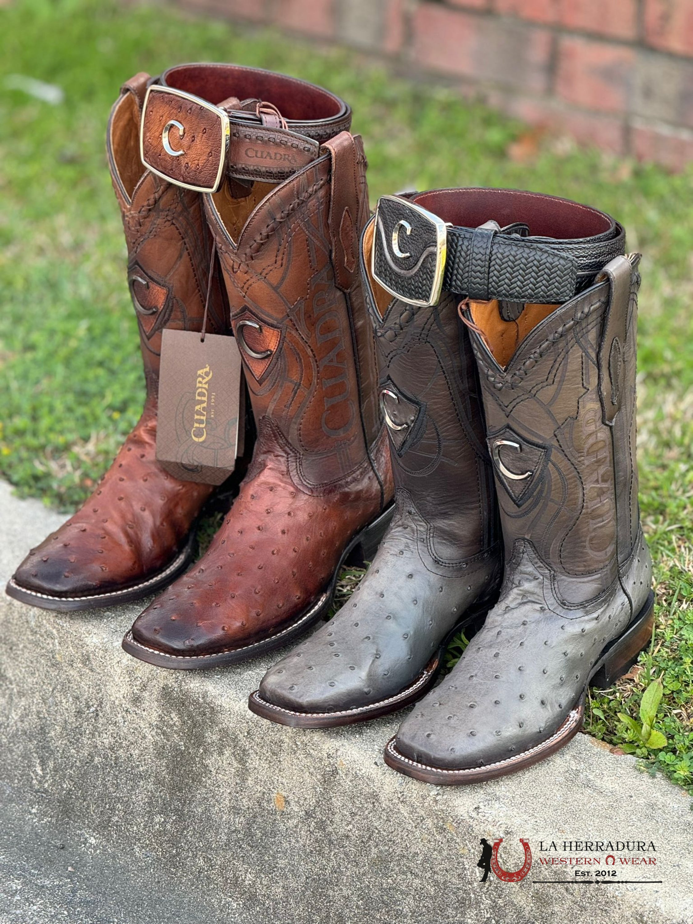 Cuadra Boots Ostrich Moroni Castaño Laser & Embroidery Square Toe