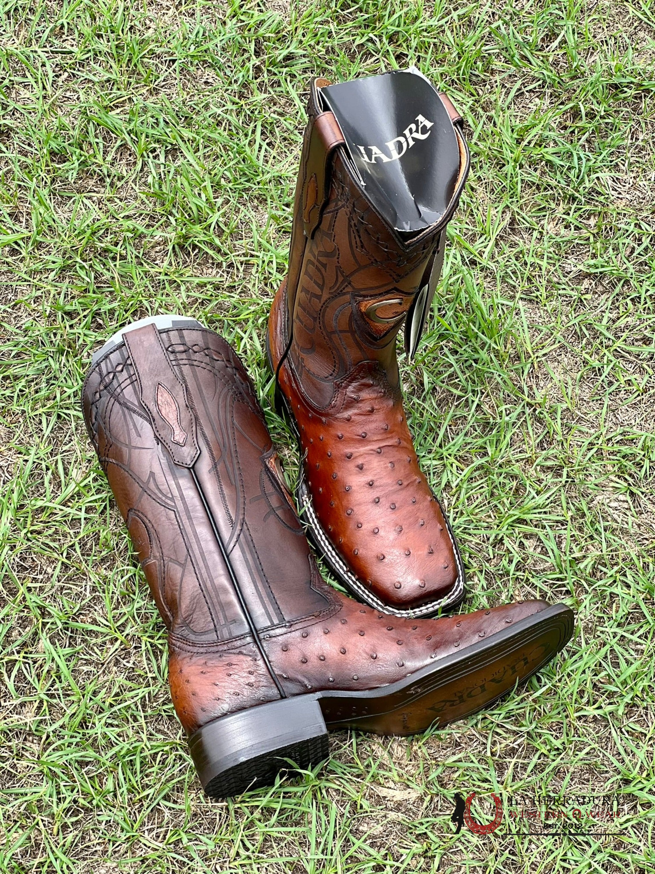 Cuadra Boots Ostrich Moroni Castaño Laser & Embroidery Square Toe