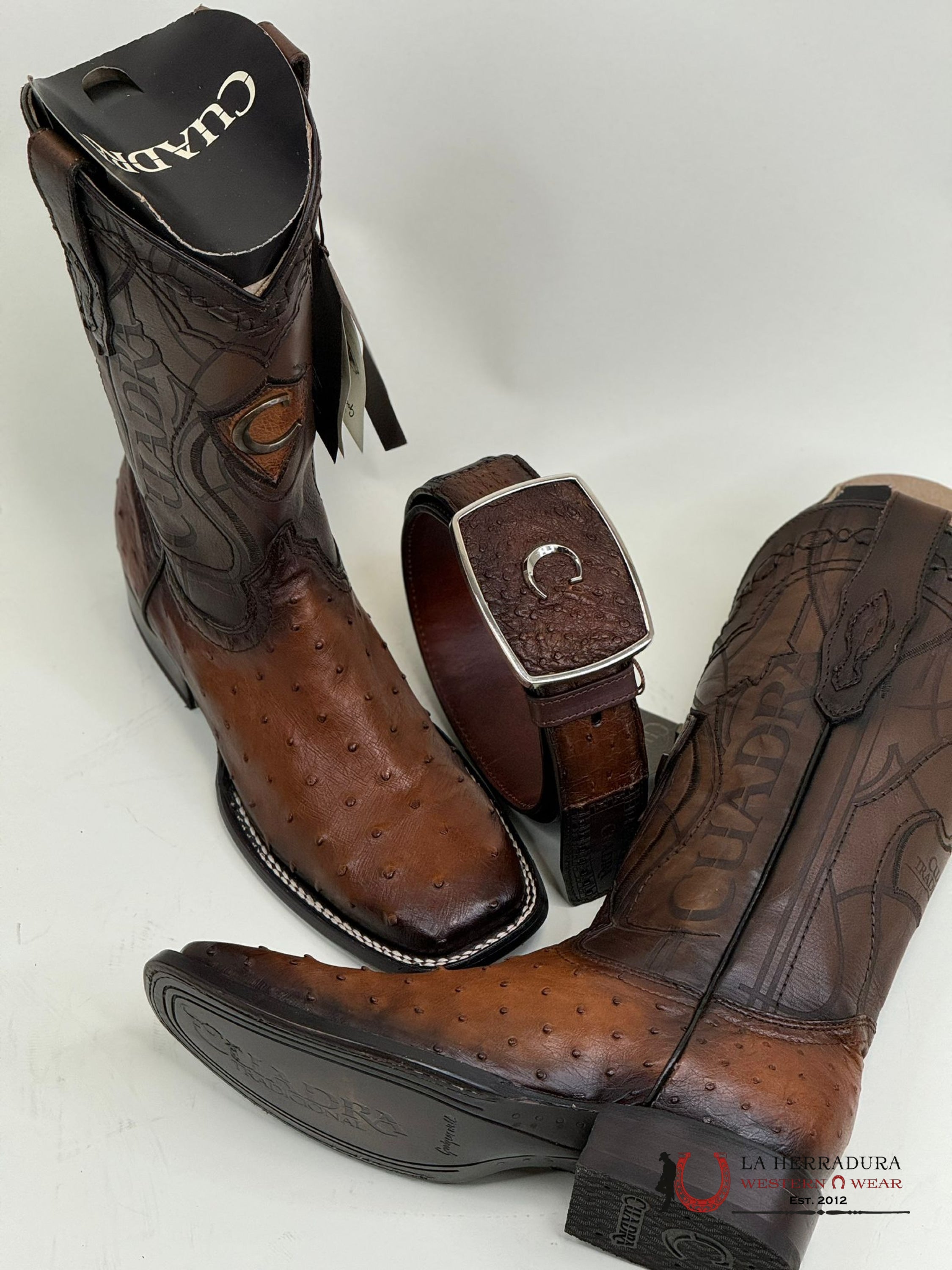 Cuadra Boots Ostrich Moroni Castaño Laser & Embroidery Square Toe