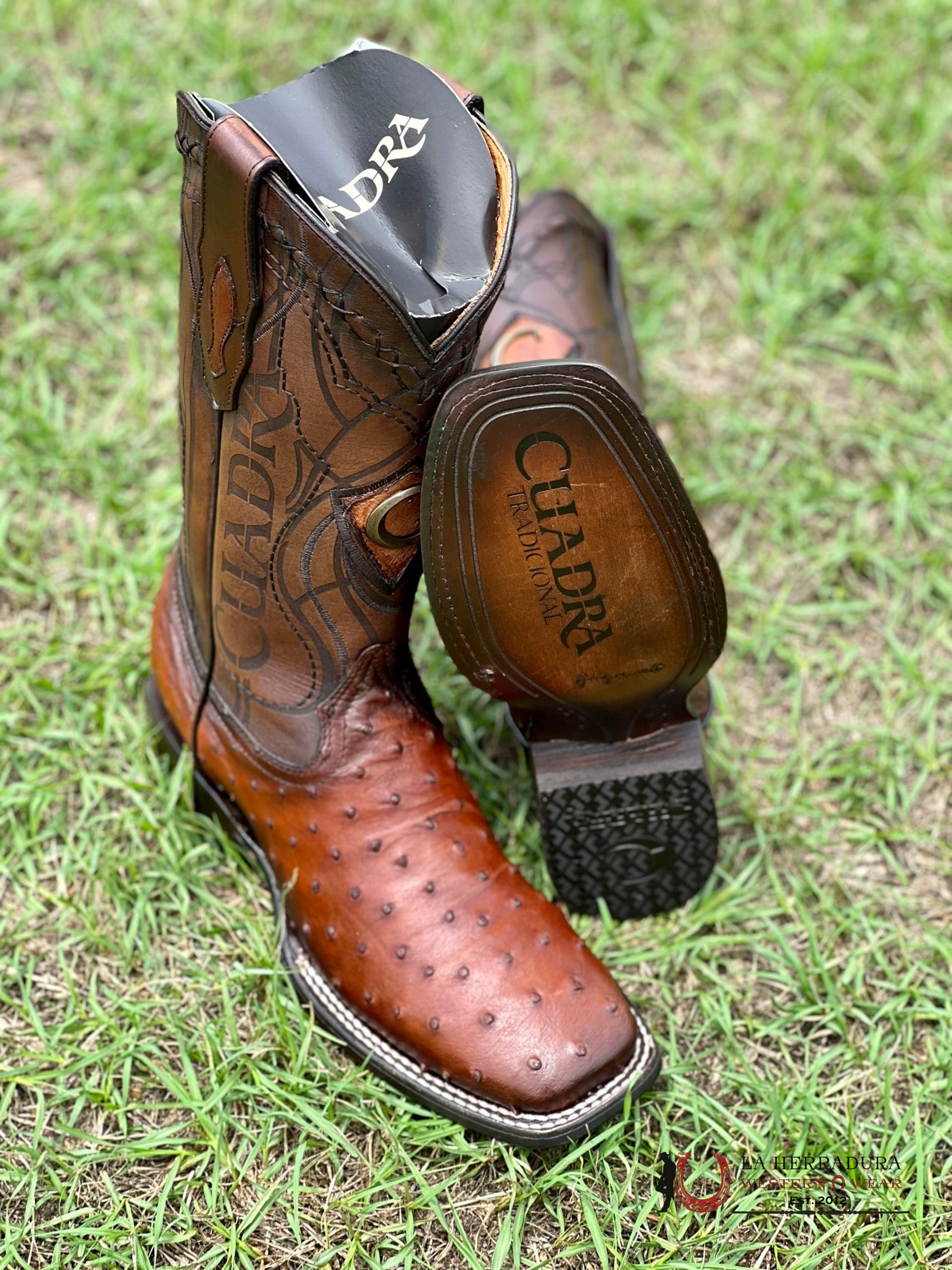 Cuadra Boots Ostrich Moroni Castaño Laser & Embroidery Square Toe