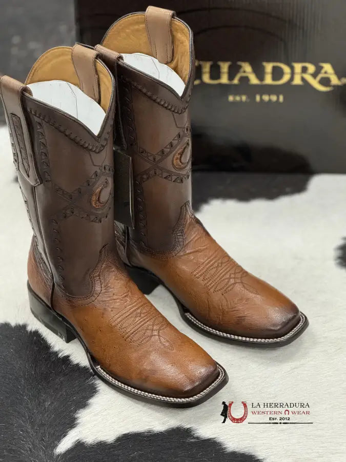 Cuadra Boots Panza De Avestruz Flame Honey Laser & Woven Square Toe Botas Hombres