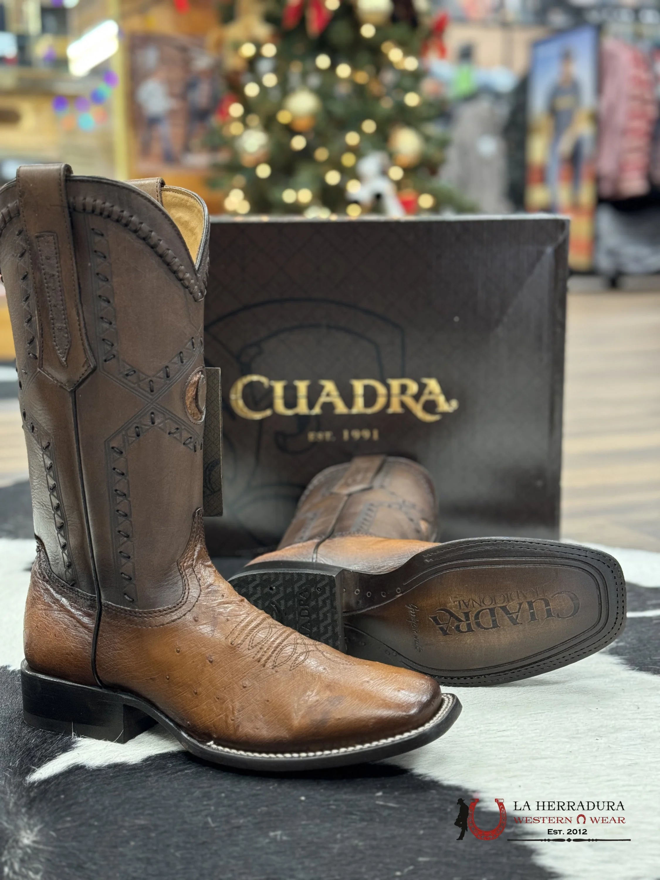 Cuadra Boots Panza De Avestruz Flame Honey Laser & Woven Square Toe Botas Hombres
