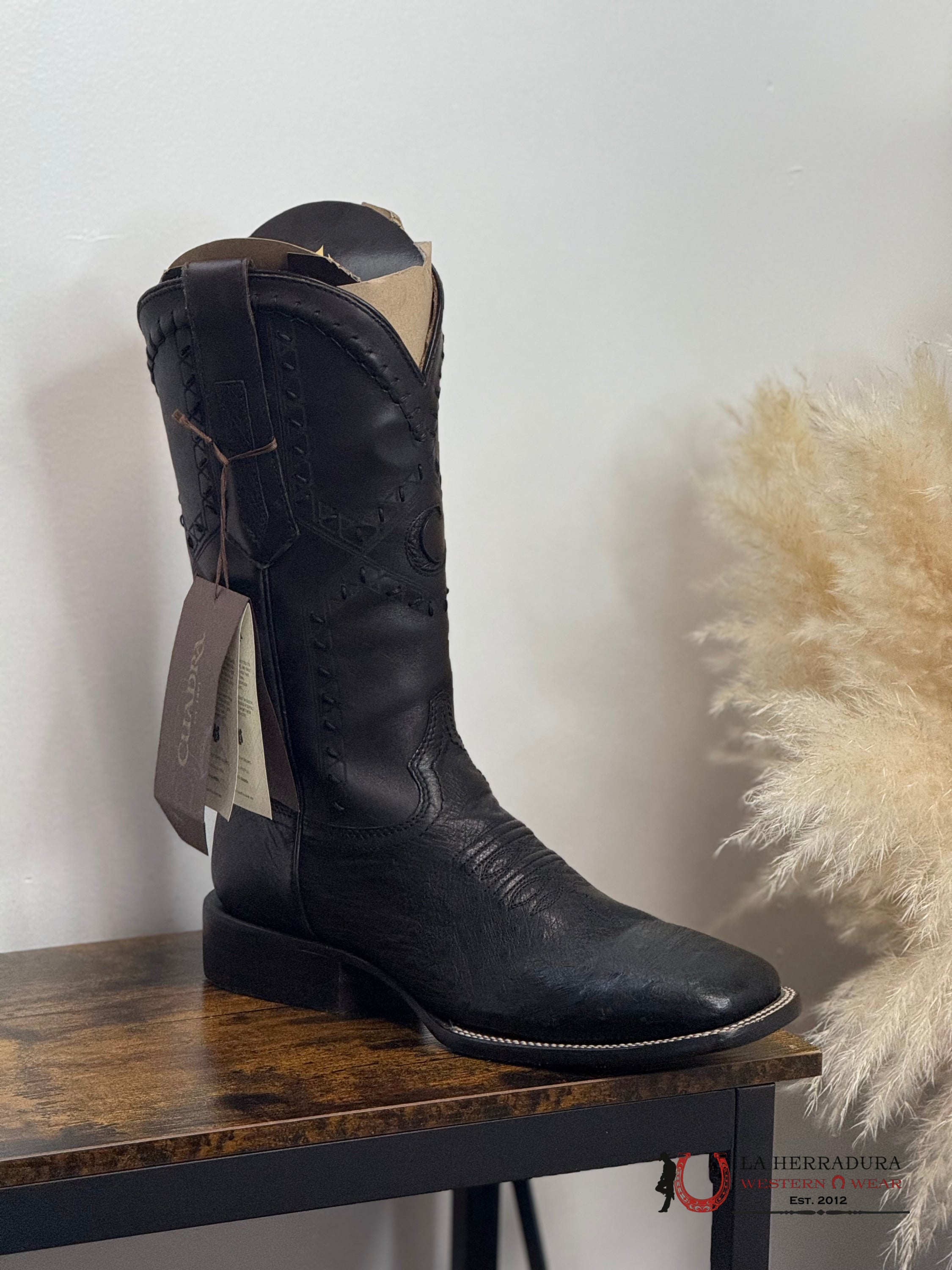CUADRA BOOTS PANZA DE AVESTRUZ NEGRO LASER & WOVEN SQUARE TOE CU470 BOTAS HOMBRES