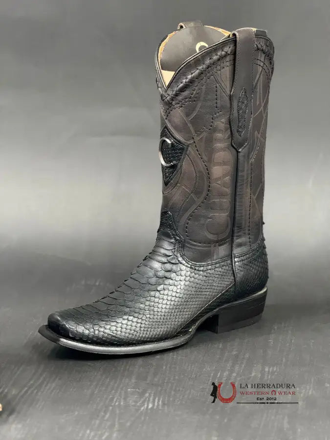 Cuadra Boots Python Plunge Black Laser & Embroidered Narrow Square Toe Botas Hombres