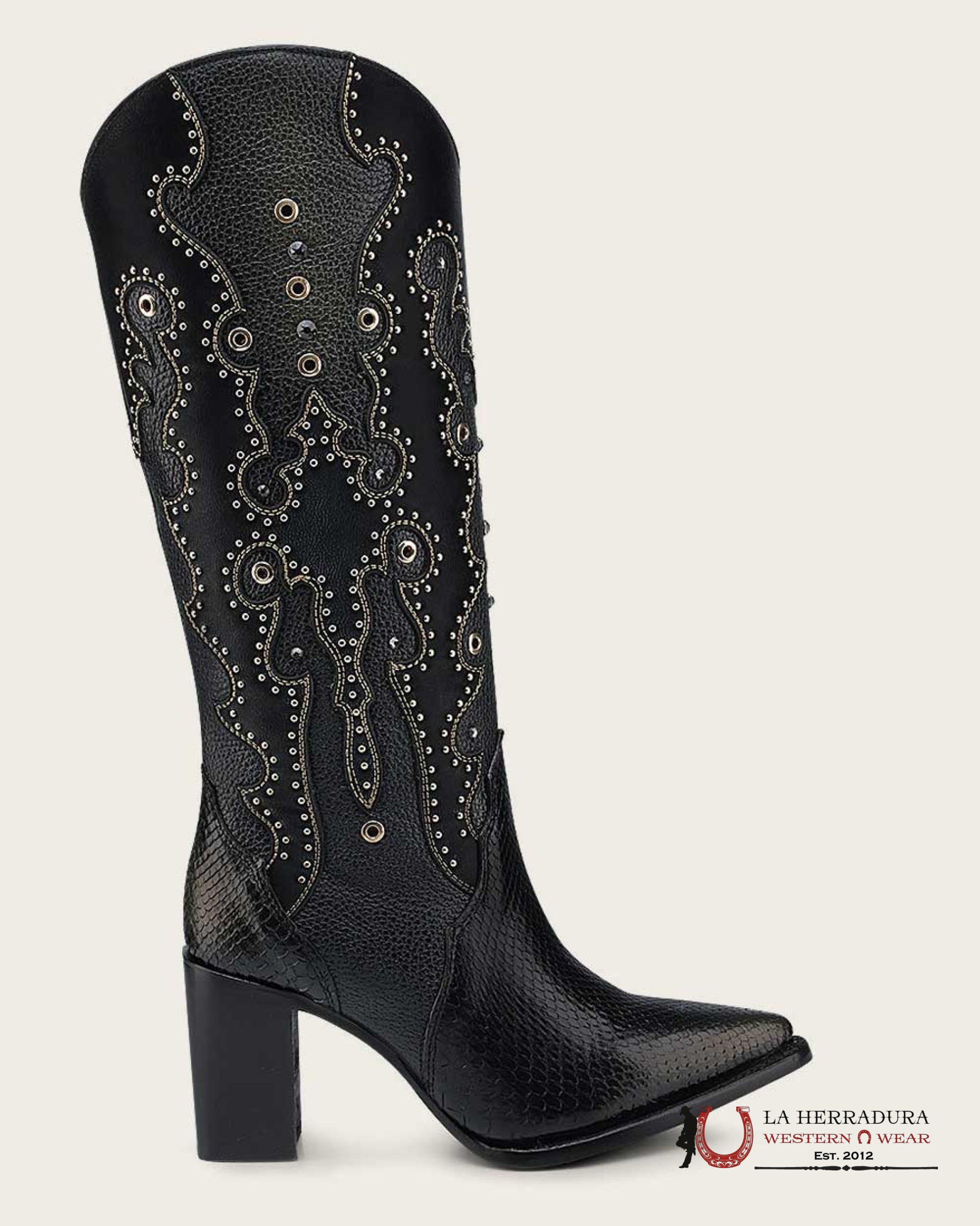 CUADRA BOTA DE PITÓN BELLY PLUNGE NEGRO EMB. & STUDS POINTED TOE BOTAS MUJERES